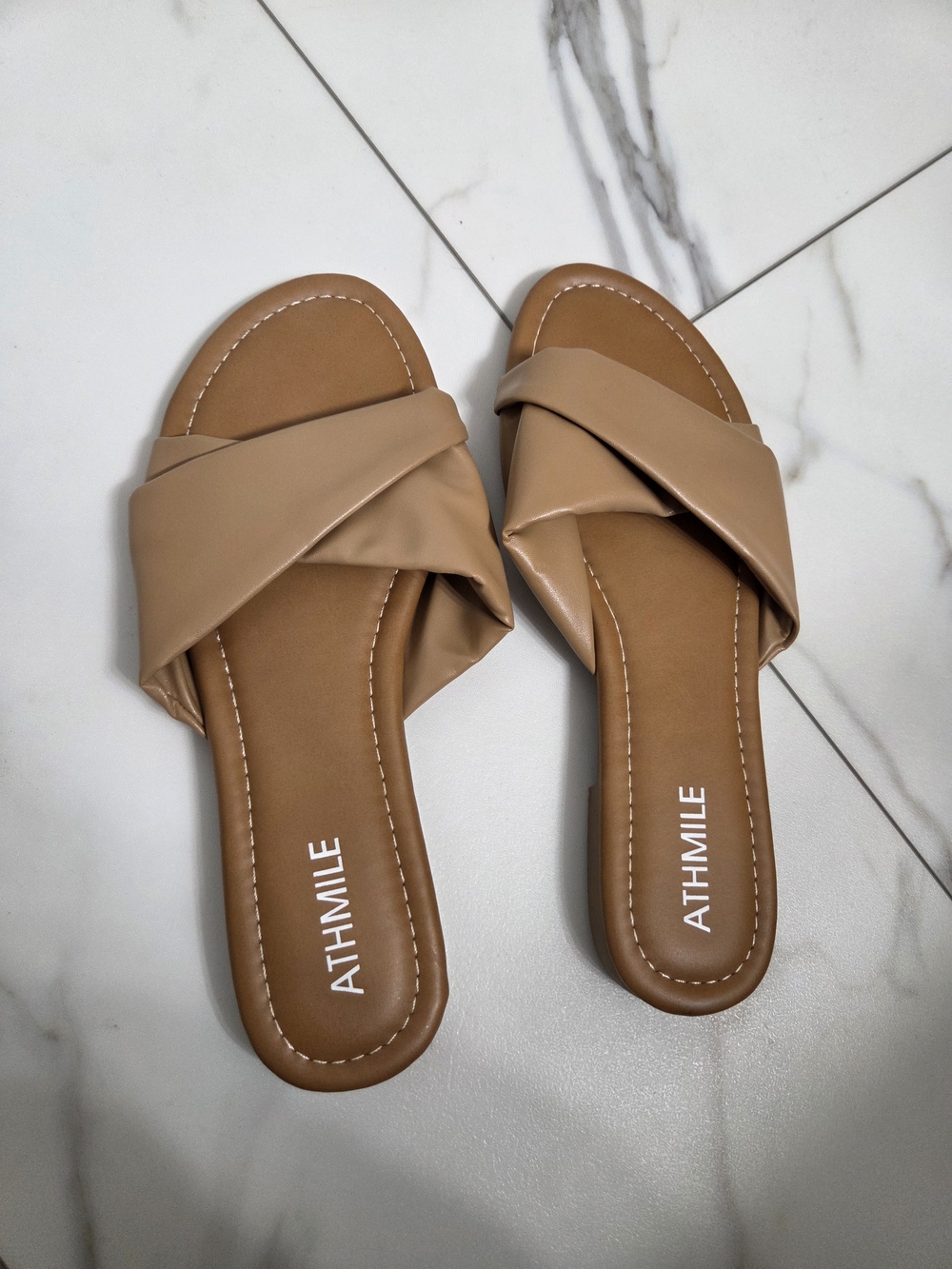 Women's Tan Slide Sandals with Crisscross Strap